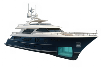 Luxury yacht cruising, gleaming white hull, multiple decks, transparent underwater viewing area against clean background