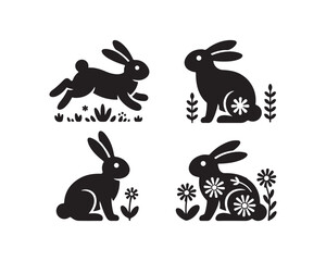 Black Rabbit Silhouettes with Floral and Plant Elements on White Background
