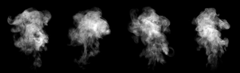 Close-up photo set of abstract white smoke or vapor floating on black background. Fog and clouds...