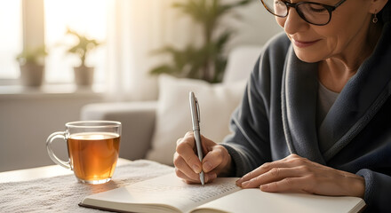 Elderly woman thoughtfully writing in a journal, enjoying a cup of tea at home.