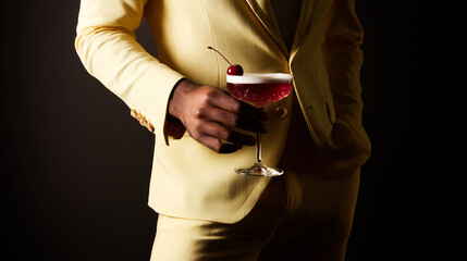 Close-up of a man in a yellow suit holding a glass of cherry cocktail. Stylish bar atmosphere.