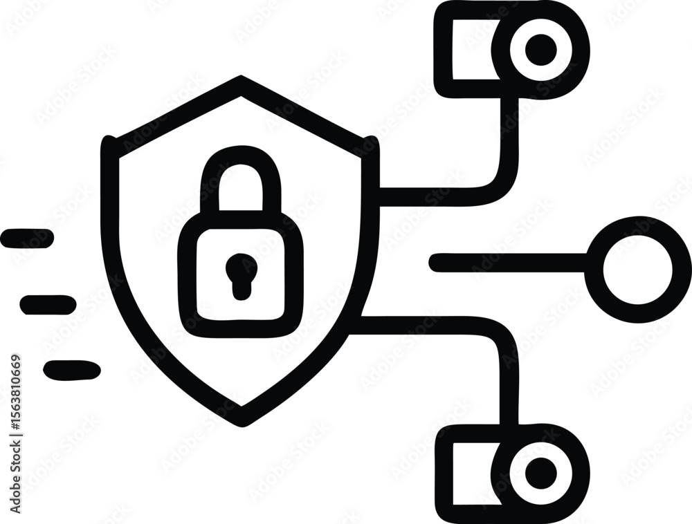 Poster black and white illustration of a shield with a padlock connected to three surveillance cameras repr