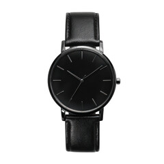 Black leather wristwatch with black face isolated on transparent background