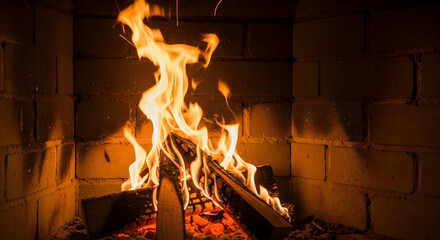 A warm fire burns brightly in a brick fireplace, illuminating the hearth with flickering flames and glowing embers.