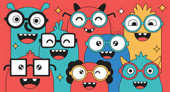 A Vibrant Group of Diverse Cute Cartoon Monsters Wearing Different Styles of Glasses Cheerful Expressions and Sparkly Accents in a Bright Red Background