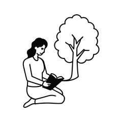 book sitting girl and tree line art vector scene 