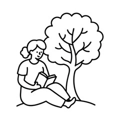 book sitting girl and tree line art vector scene 