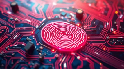 Pink fingerprint glowing on blue and red circuit board digital security, identity. Technology background for cyber security data protection concept. 4k video - Powered by Adobe