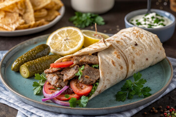 shows a delicious-looking sandwich with meat, vegetables, and herbs, served on a wooden board with a lemon slice and a bowl of pickles. The background features a market stall with colorful signs and b