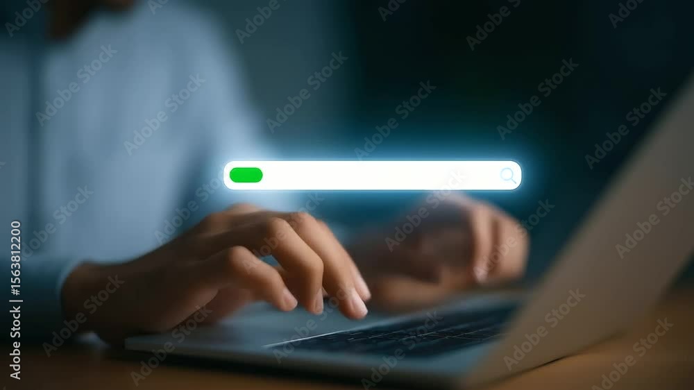 Aufkleber a user types on a laptop, showcasing an ai-powered search engine in action.