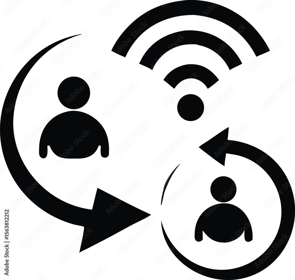 Poster black icon wireless data transfer between two users circular arrows wifi signal white