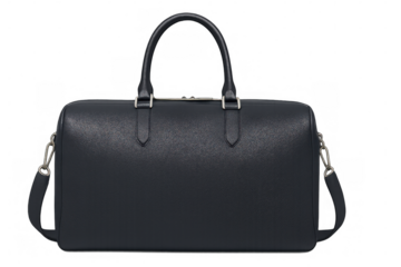 Stylish black leather handbag with dual handles and detachable strap, displayed against a transparent background for versatile design use