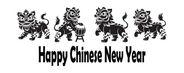Chinese New Year Lion Dance Vector Illustration with Text on White Background