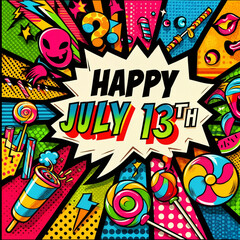 Bold and playful design celebrating July 13th with colorful sweets and comic elements
