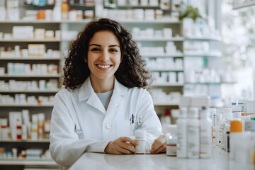 Smiling female pharmacist with curly hair  in white coat with medication bottles in a pharmacy setting