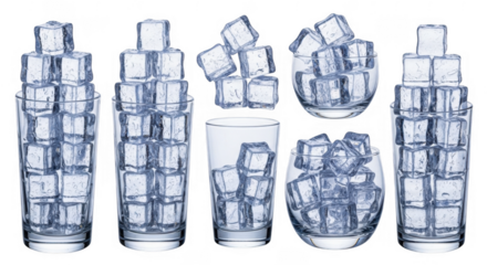 Variety of Ice Cubes in Different Glasses for Refreshing Beverages, isolated on a transparent background