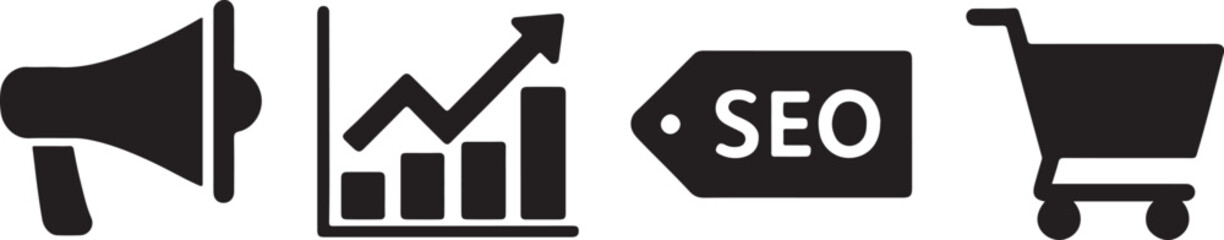 Marketing icons including megaphone, chart, seo tag and shopping cart