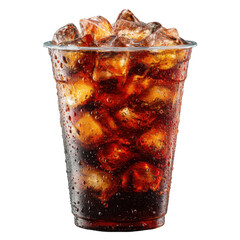 Refreshing cold soda drink with ice cubes in a clear plastic cup isolated on white background