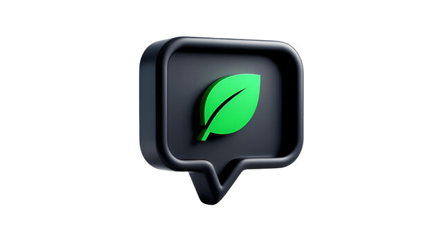  3d black speech bubble with leaf  mark green icon isolated on transparent background. Png