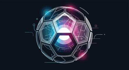Abstract Futuristic Soccer Ball Design with Glowing Neon Lights and Digital Network Elements on a Dark Background