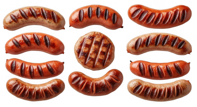 Variety of Grilled Sausages in Different Styles and Flavors for Culinary Delights, isolated on a transparent background