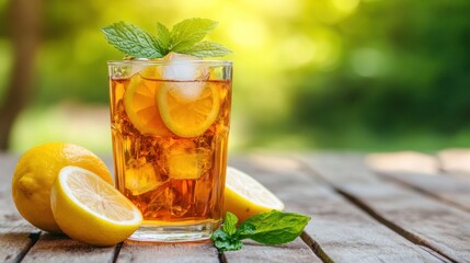 Iced tea drink with lemon and mint