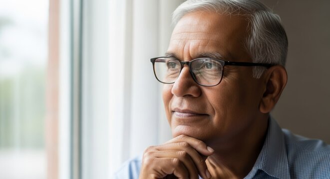 Portrait of mature man with eyeglasses by window. Pensive older adult with grey hair in quiet reflection. Aging gracefully and life experience theme. - Powered by Adobe