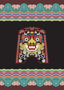 Korean dokkaebi (goblin) face illustrated within a traditional dancheong pattern

