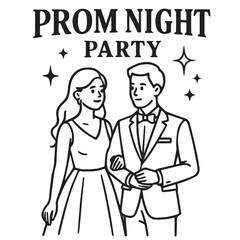 Vector illustration in black and white with bold outline, featuring a man and woman at prom night, expressing glamour, excitement, and teenage dreams.

