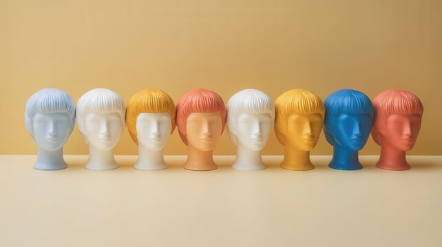 Colorful mannequin heads aligned in a row in front of a beige background
