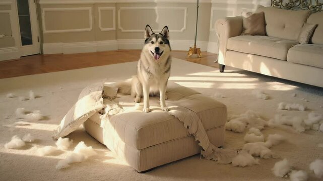 Nughty dog that has broken a sofa at home.