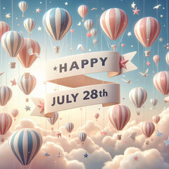 Whimsical hot air balloons design celebrating July 28th with clouds and ribbons
