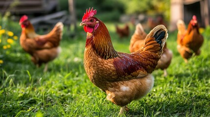Fototapeta premium Free-range chickens with vibrant feathers roam and forage on a green grassy field under daylight.