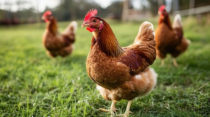 Chickens roam freely on a grassy field with a blurred natural background, showcasing vibrant feathers and a sunny outdoor farm environment.