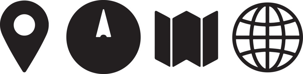 Flat design vector icons of maps and location tools like pin, compass, folded map, and globe.
