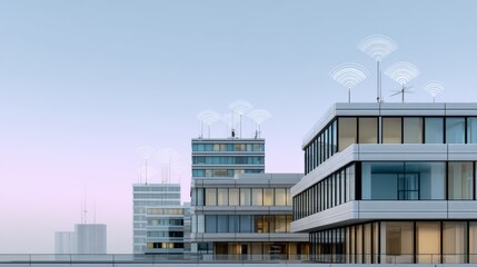 Modern office buildings with wireless signal icons on rooftops at dusk