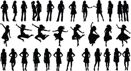 Collection of dynamic human silhouettes, various active and expressive poses, black figures on white background, symbolizing motion, emotion, creativity, diversity, identity, and modern energy