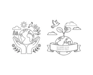 Earth Day Outline Illustrations of Globe in Hands and Globe with Ribbon