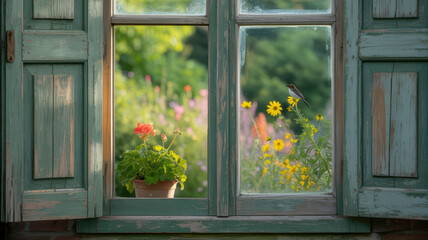 Old green window with open shutters revealing a vibrant garden with a flower pot and bird.
