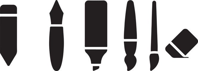 Flat black vector pack of writing and drawing tools like pencil, pen, marker, brush, and eraser.
