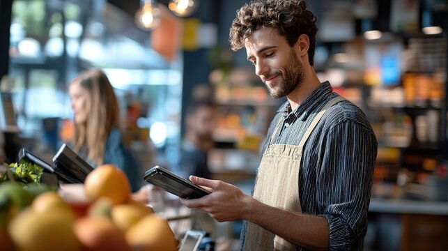 A smiling barista using a tablet in a cozy, modern cafe with fresh fruits and a blurred female customer in the background.