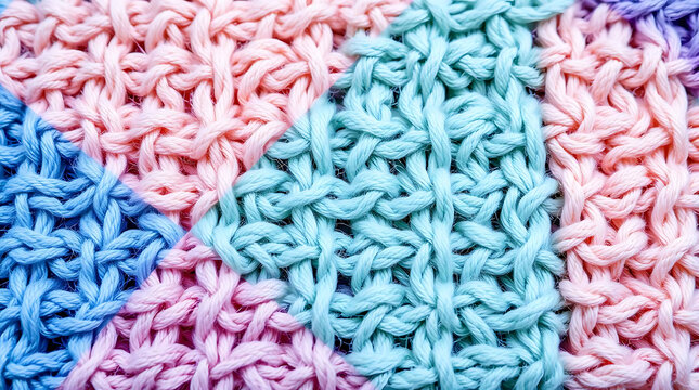 A colorful woven pattern features pink and blue synthetic fibers creating a soft texture