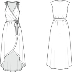 Elegant sleeveless wrap dress with gathered shoulders, tie belt, high-low hemline, perfect for summer fashion illustration, apparel design, trendy women’s clothing