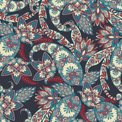 Naklejka premium Colorful Paisley wallpaper. Vector Indonesian batik. Bright classic indian fabric. Paisley wallpaper. Ethnic background with paisley and stylized flowers. For textile, cover, wrapping paper, fabric