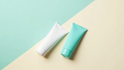 Two gradient pastel tubes on color-block backdrop for modern display.