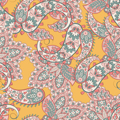 Fototapeta premium Paisley and ethnic flowers seamless vector pattern. floral vintage background