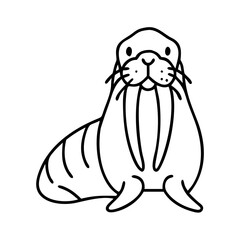 Cute cartoon walrus with tusks and whiskers simple line drawing