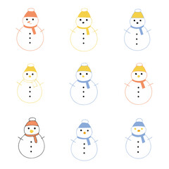 Collection of cute cartoon snowmen with hats and scarves