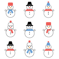 Collection of cute cartoon snowmen with hats and scarves