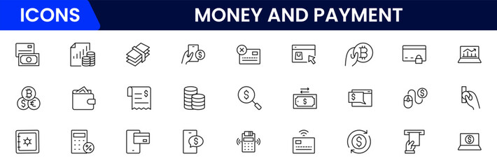 Money and payment are simple, minimal, thin line icons. Related money, credit card, atm, purchase, bill. Editable stroke. Vector illustration.